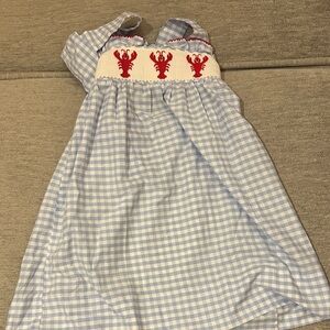 Girls Blue Gingham Dress with Red Embroidered Lobsters